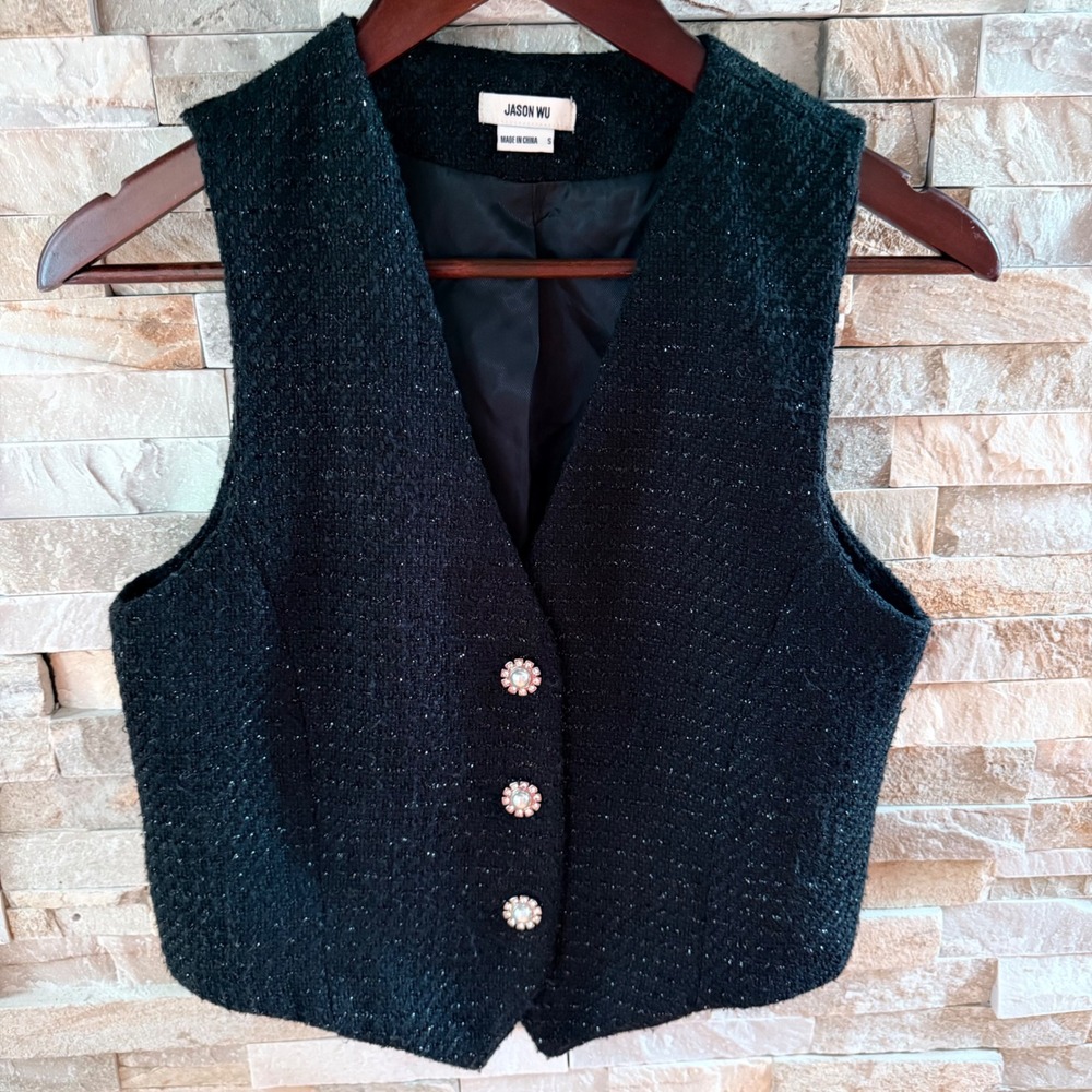Jason Wu Women Black Metalic Tweed Vest Pearl Crystal Button Luxury Old Money S